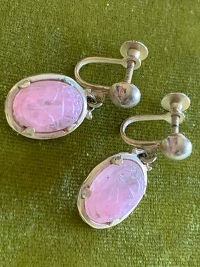 Vintage Pink Quartz Screw-Back Gold Tone Drop Earrings